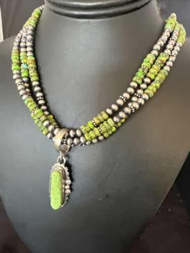 Navajo Pearl Green Gaspeite Turquoise Pendant Necklace Set | Sterling Silver | 3-Strand | 16094