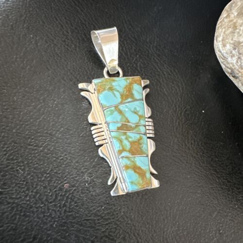 Navajo Blue #8 Turquoise Inlay Pendant | Sterling Silver | 2" | Authentic Native American Handmade | 15681