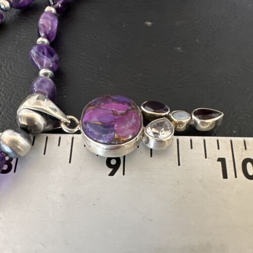 Mojave Turquoise Amethyst Pendant Necklace | Navajo Pearls | Sterling Silver | Native American Handmade | 16097