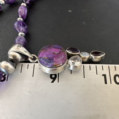 Mojave Turquoise Amethyst Pendant Necklace | Navajo Pearls | Sterling Silver | Native American Handmade | 16097