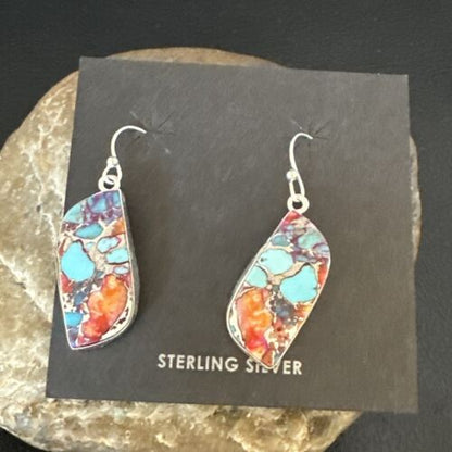 Navajo Blue Turquoise Red Spiny Oyster Inlay Dangle Earrings | Sterling Silver | 15579