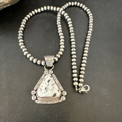 White Buffalo Turquoise Pendant | Navajo Pearls | Sterling Silver Necklace 21" | 17110