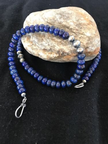 Pueblo Sterling Silver Navajo Lapis Men's Necklace | 22" | Authentic Native American Handmade | 15075