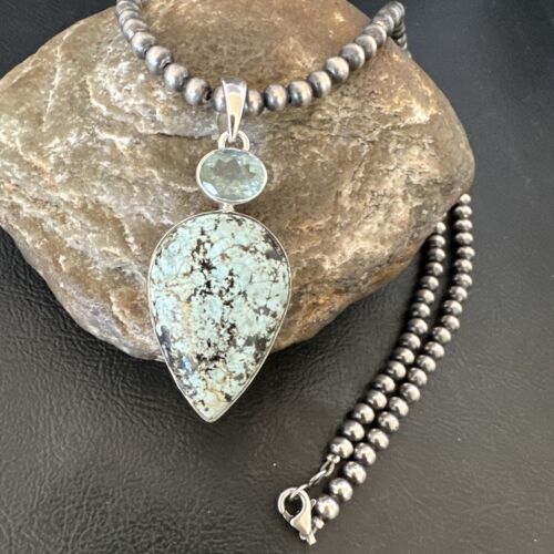 Navajo Dry Creek Turquoise Topaz Pendant Necklace | Sterling Silver | Authentic Native American Handmade | 16443