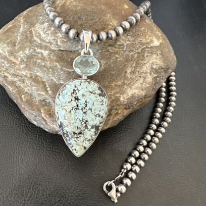 Navajo Dry Creek Turquoise Topaz Pendant Necklace | Sterling Silver | Authentic Native American Handmade | 16443