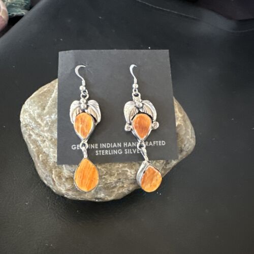 Navajo Orange Spiny Oyster Dangle Earrings | Sterling Silver | 1.5" | Authentic Native American Handmade | 16571
