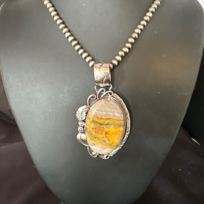 Navajo Bumblebee Jasper Pendant Necklace | Sterling Silver | Authentic Native American Handmade | 14983