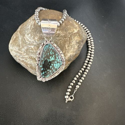 Men's Spiderweb Turquoise Pendant Necklace | Navajo Pearls | Sterling Silver | Native American Handmade | 17066