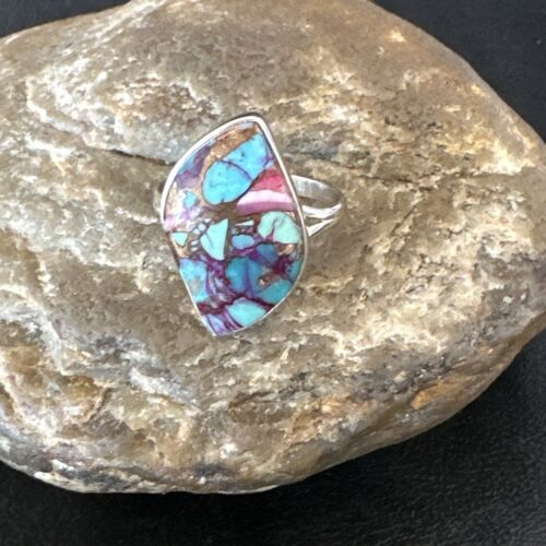 Navajo Blue Turquoise Purple Spiny Oyster Ring | Sterling Silver | Sz 8 | Authentic Native American Handmade | 16625