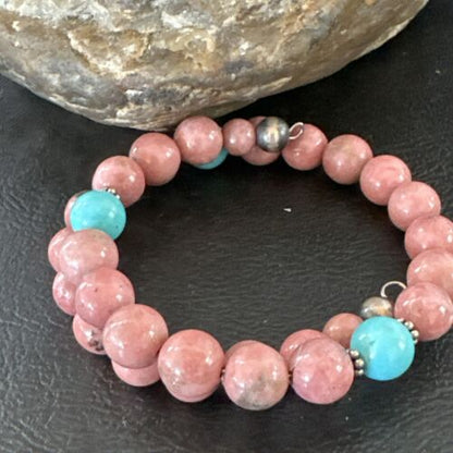 Navajo Pink Rhodochrosite Turquoise Bracelet | Stainless Steel Memory Wire | Authentic Native American Handmade | 17626 - Masha USA