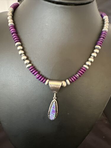 Navajo Faux Opal Pendant with Purple Sugilite Beads | Sterling Silver Necklace | 16746