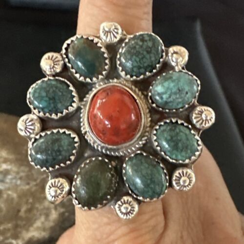 Navajo Blue Spiderweb Turquoise Coral Cluster Ring | Authentic Native American Sterling Silver | Multi-Stone | Sz 9.5 | 17182