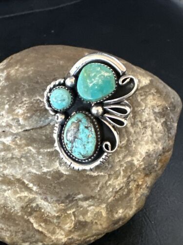 Navajo Blue Turquoise Cluster Ring | Authentic Native American Sterling Silver | Multi-Stone | Sz 9 | 14839