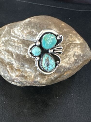 Navajo Blue Turquoise Cluster Ring | Authentic Native American Sterling Silver | Multi-Stone | Sz 9 | 14839