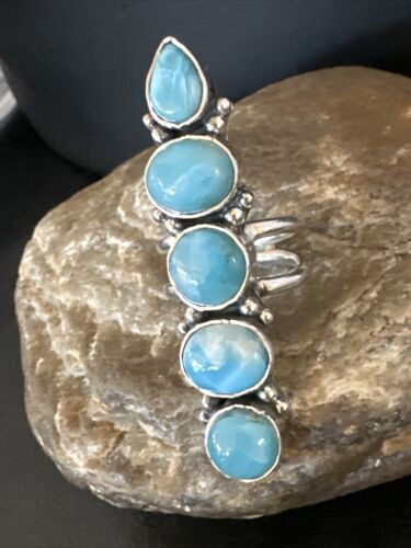 Navajo Blue Larimar Multi-Stone Ring | Authentic Native American Sterling Silver | Multi-Stone | Sz 6.5 | 15981