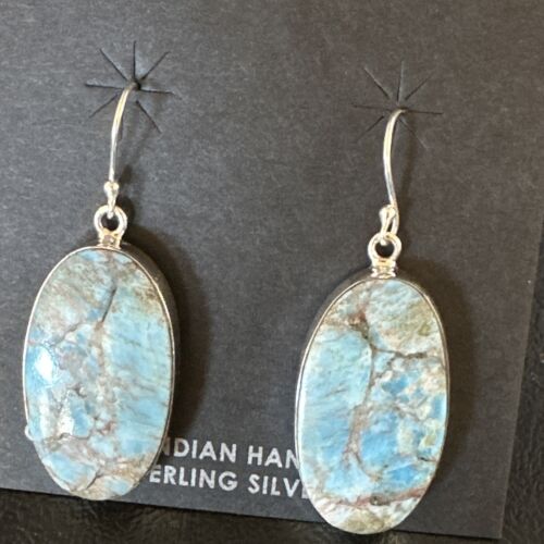 Navajo Blue Turquoise Dangle Earrings | Sterling Silver | Authentic Native American Handmade | 15430