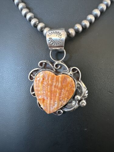 Navajo Orange Spiny Oyster Heart Pendant Necklace | Sterling Silver | Authentic Native American Handmade | 16420