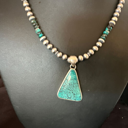 Men's Navajo Blue Spiderweb Turquoise Pendant Necklace | Sterling Silver | Authentic Native American Handmade | 16242