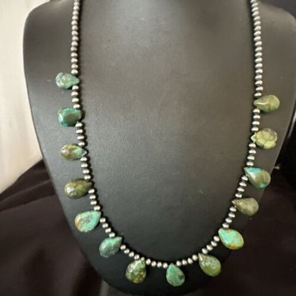 Navajo Pearls Green Teardrop Turquoise Necklace | Sterling Silver | 22" | Authentic Native American Handmade | 16957