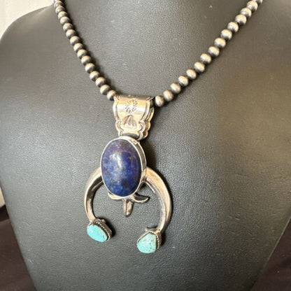 Blue Turquoise Lapis Lazuli Naja Pendant | Navajo Sterling Silver | Authentic Native American Handmade | 16412