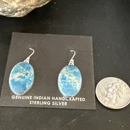 Navajo Blue Turquoise Dangle Earrings | Sterling Silver | Authentic Native American Handmade | 15434