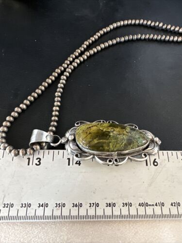 Navajo Green Turquoise Pendant Necklace | Sterling Silver Beads | Authentic Native American Handmade | 14852