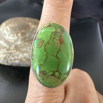 Navajo Green Mojave Turquoise Ring | Sterling Silver | Sz 8 Adjustable | Authentic Native American Handmade | 16146