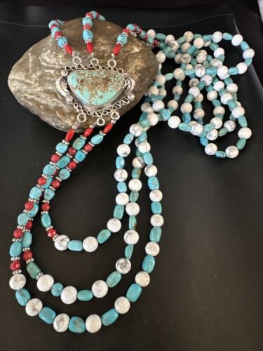 Navajo Blue Turquoise 3-Strand Coral Pendant Necklace | Sterling Silver | Authentic Native American Handmade | 15516