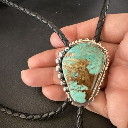 Men's Blue Turquoise #8 Bolo Tie | Navajo Sterling Silver | Authentic Native American Handmade | 16810