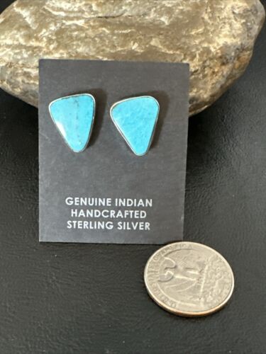 Navajo Blue Kingman Turquoise Post Stud Earrings | Sterling Silver | Authentic Native American Handmade | 17471
