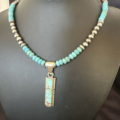 Men's and Women's Turquoise #8 Inlay Pendant Necklace | Navajo Sterling Silver | Authentic Native American Handmade | 17058