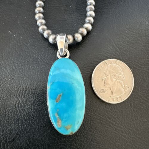 Navajo Blue Kingman Turquoise Pendant Necklace | Sterling Silver | 20" | Authentic Native American Handmade | 16992