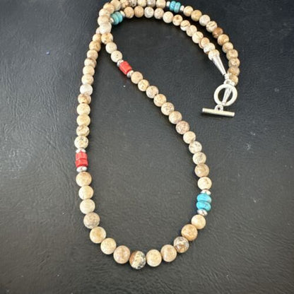 Navajo Turquoise Coral Picture Jasper Necklace | Sterling Silver | 20" | Authentic Native American Handmade | 17608