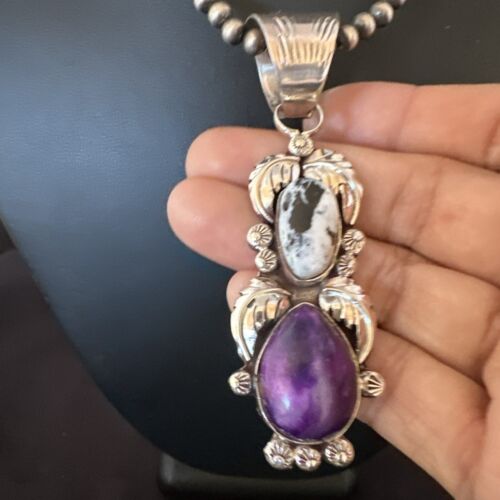 White Buffalo Turquoise & Sugilite Pendant | Navajo Pearls | Sterling Silver | Native American Handmade | 16870