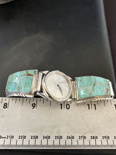 Navajo Men's Blue Turquoise Inlay Watch Tips Band | Sterling Silver | Multi-Stone | 17588