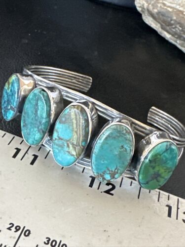Women's Blue Turquoise 5-Stone Cuff Bracelet | Navajo Sterling Silver | Authentic Native American Jewelry | 16166