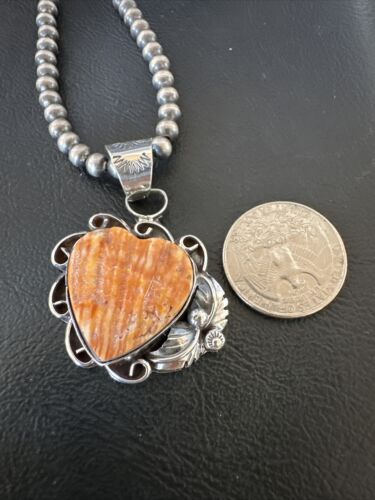 Navajo Orange Spiny Oyster Heart Pendant Necklace | Sterling Silver | Authentic Native American Handmade | 16420
