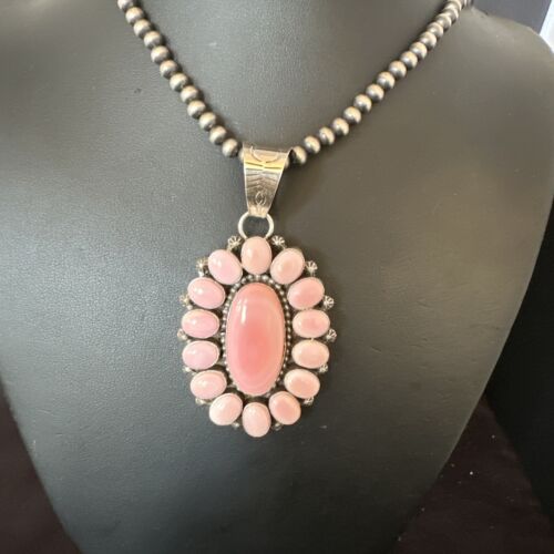 Navajo Pearls Pink Conch Necklace with Multi-Stone Cluster Pendant | Authentic Native American Handmade | 16061