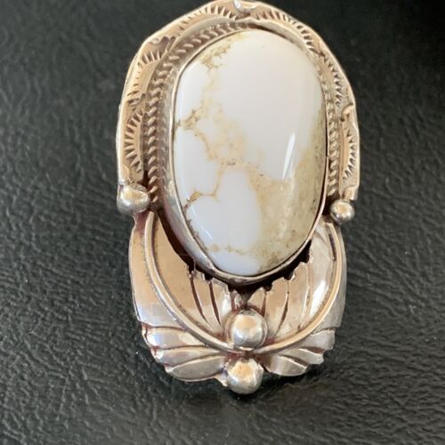 Navajo White Buffalo Turquoise Ring | Sterling Silver | Sz 8 | Authentic Native American Handmade | 01961