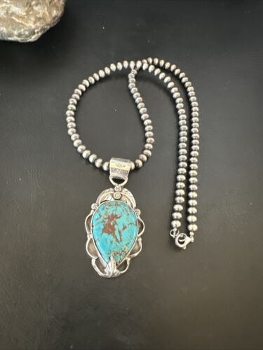 Navajo Blue Turquoise Pendant Necklace | Sterling Silver Pearls | Authentic Native American Handmade | 15640