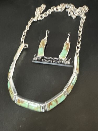 Navajo Choker Necklace with Blue #8 Turquoise Inlay | Sterling Silver Earrings Set | Native American Handmade | 16265
