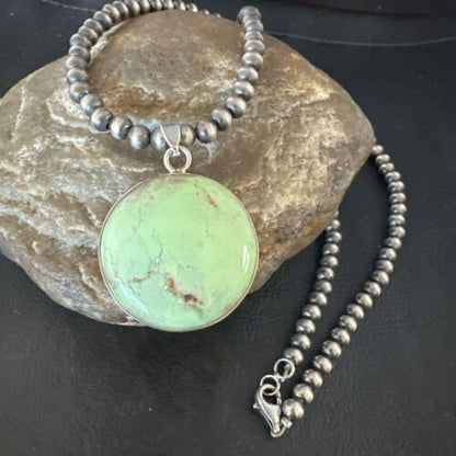 Navajo Green Gaspeite Pendant Necklace | Sterling Silver | Authentic Native American Handmade | 15491 - Masha USA