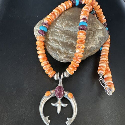 Navajo Orange Purple Spiny Oyster Naja Pendant Necklace | Sterling Silver | Authentic Native American Handmade | 15261
