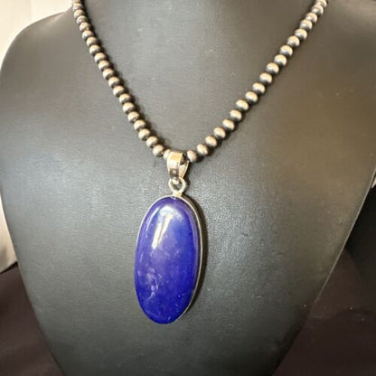 Navajo Blue Lapis Pendant with Pearls | Sterling Silver Necklace | 20" | Authentic Native American Handmade | 16666