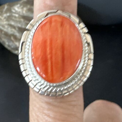 Women's Orange Spiny Oyster Navajo Ring | Sterling Silver | Sz 8 | Authentic Native American Handmade | 16034