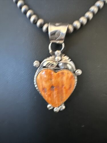 Navajo Orange Spiny Oyster Heart Pendant Necklace | Sterling Silver | Authentic Native American Handmade | 16415