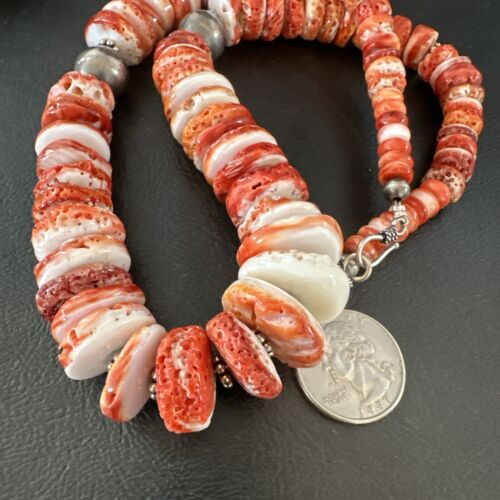 Navajo Red Spiny Oyster Graduated Necklace | Sterling Silver | Authentic Native American | 30" | 17405