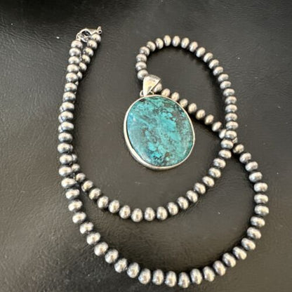 Men's Navajo Blue Spiderweb Turquoise Pendant Necklace | Sterling Silver | Authentic Native American Handmade | 16225