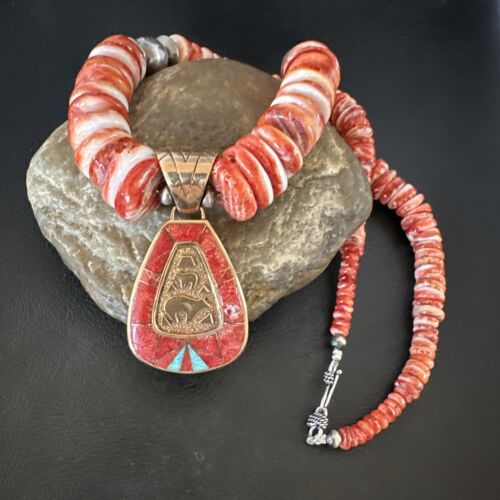 Navajo Red Spiny Oyster Pendant Necklace | Sterling Silver | Brass Inlay | Authentic Native American Handmade | 15789