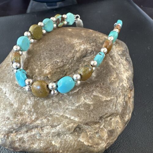 Women's Blue Turquoise Bead Bracelet | Southwestern Sterling Silver Link | 8" | 17232